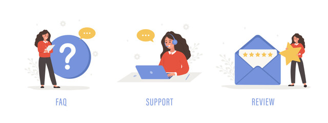 Fototapeta premium Customer support. Female characters ask questions, get answers, and leave feedback. FAQ concept. Online help service. Set of vector illustration in flat cartoon style.