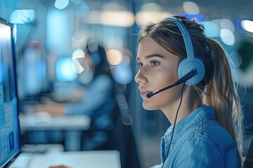 female customer service assistant on desktop in call center, industrial and technological subjects, light indigo and light gray, group material. Generative AI