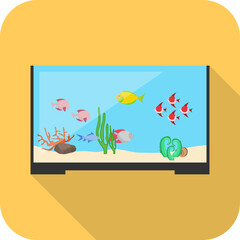 Aquarium, aquarium icon with fish isolated on a yellow background with shadow. Vector, design illustration. Vector.