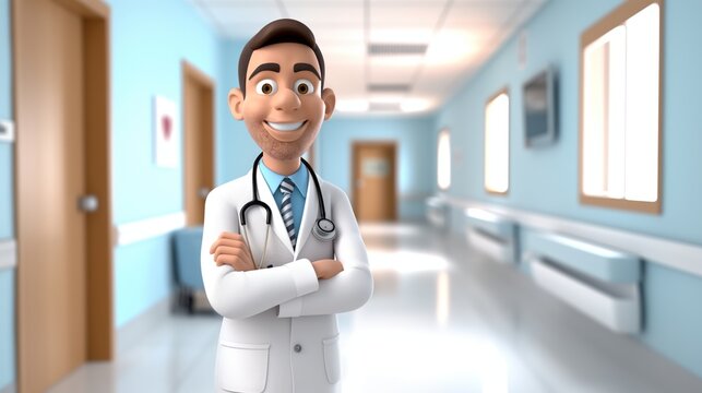a male doctor with a stethoscope with a blurry hospital background.