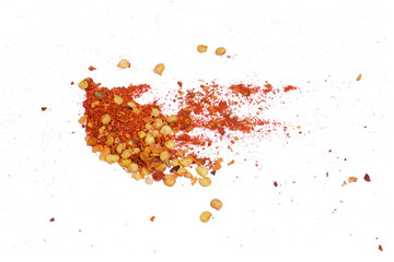 Red dried chili pepper isolated. Dried chili flakes and seeds isolated. Cayenne pepper, dried chili...