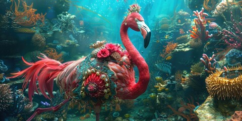 Flamboyant Flamingo Monarch: Majestic underwater tableau of vibrant sea life and regal elegance with a nod to Ottoman Empire opulence and historical charm. - obrazy, fototapety, plakaty