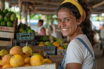 Fototapeta premium portrait of a smiling young female farmer at the fruit market, standing with a box of various fruits. Generative AI