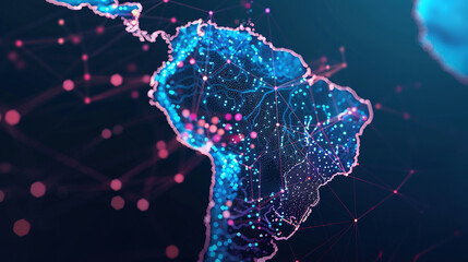 Abstract digital map of South America, concept of global network and connectivity, data world transfer and cyber technology, information exchange and telecommunication. Digital map for business - obrazy, fototapety, plakaty