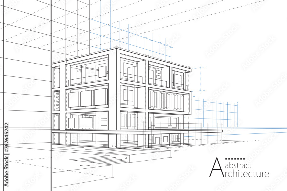 Aufkleber 3d illustration abstract building out-line drawing of imagination architecture building construction