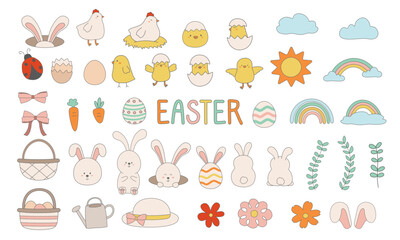 Adorable Colorful Easter Elements Set. Hand-drawn Cute Bunny, Rabbit, Eggs, Baby Chick, and more.

