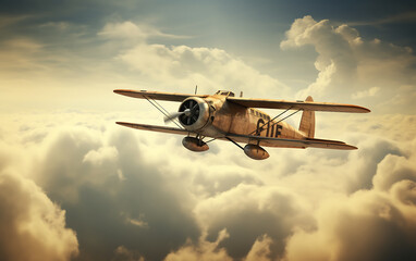 Old airplane flying in the clouds. - obrazy, fototapety, plakaty