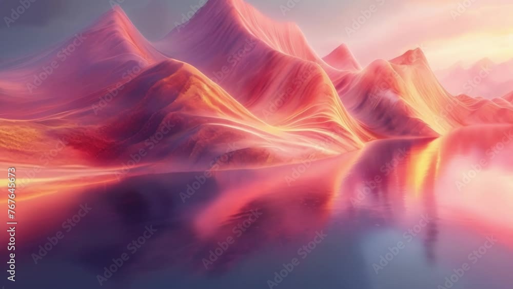 Poster swirling patterns of vibrant colors and geometric shapes creating a surreal landscape reflecting the