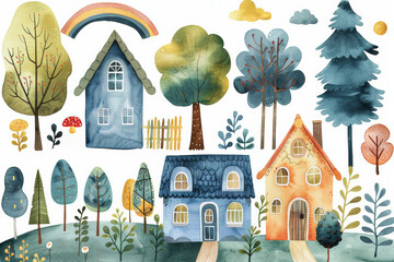 Watercolor houses, trees, rainbow and other elements of country life, hand-drawn set, isolated on white background 