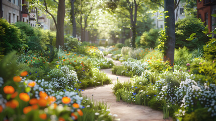A path, immersed in flowers, leads into the depths of a shady park. Anti-lawn movement concept