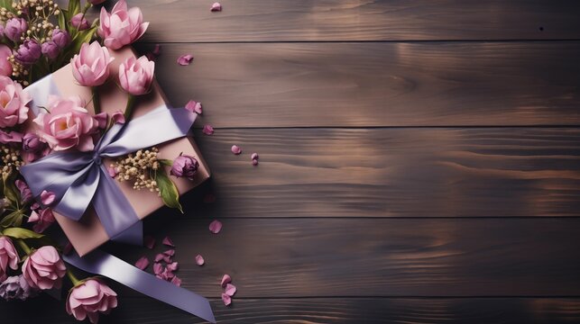 Gift and pink flowers on wooden background