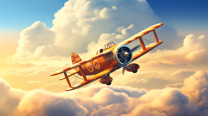 Old biplane in the clouds. 3D render. Clip art. - obrazy, fototapety, plakaty