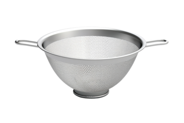 Elegant Stainless Steel Strainer Gleaming on White. On White or PNG Transparent Background.