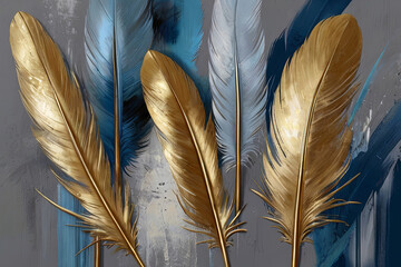 Vintage illustration featuring feathers, blue, and gold brushstrokes on textured background. 
