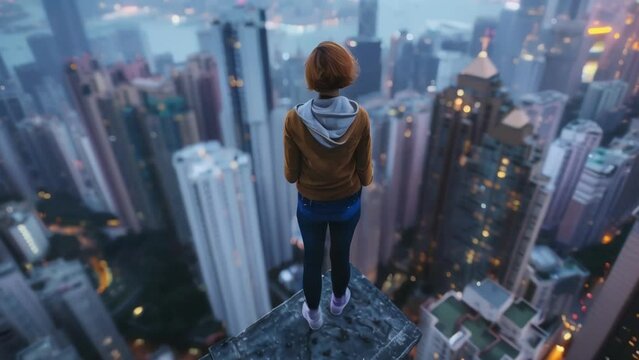 A person standing on a ledge looking down at the city below with a mix of fear and excitement on their face. This image represents the risktaking and impulsive behavior often