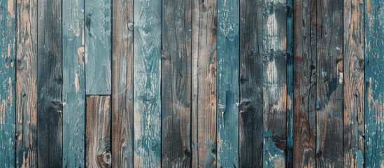 Surface of synthetic wood pattern background with a blend of soft blue pastel and dark oak hues, ideal for interior design or home wallpaper. Vintage aesthetic.