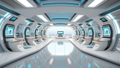 Modern Futuristic Sci Fi spaceship metal floor light panels blue neon glowing lights design white background spaceship interior architecture corridor clean room design generator AI illustration.