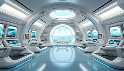 Modern Futuristic Sci Fi spaceship metal floor light panels blue neon glowing lights design white background spaceship interior architecture corridor clean room design generator AI illustration.