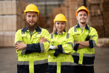 Cross arm team Caucasian engineer businessman with team at wood  stock background at warehouse	 - 767647098