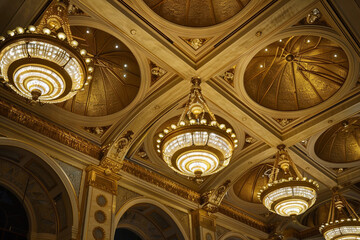 Fototapeta premium An opulent ceiling with a series of gold-leafed domes, each featuring a central, ornate chandelier, evoking the grandeur of a bygone era.