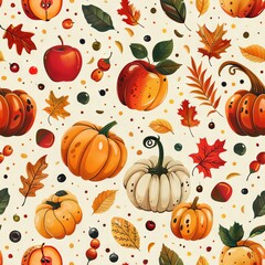 Pumpkins and Autumn Leaves Scatter Seamless Pattern