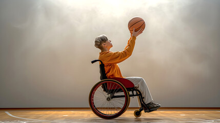 Young man in wheelchair training on the sports ground with basketball. Sport and handicap concept. Banner