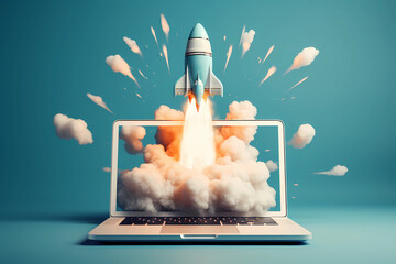 Rocket coming out of laptop screen, blue background. - obrazy, fototapety, plakaty