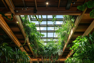 An eco-friendly ceiling design incorporating a large, central skylight surrounded by lush, hanging...