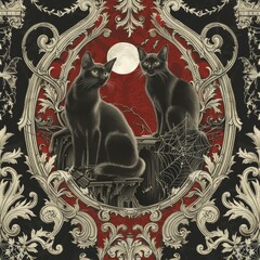Spooky Cats with Moonlight and Victorian Frame Design Seamless pattern

