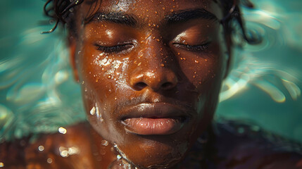 African American Man's Submerged Face, Eyes Gently Closed, In Sun-Drenched Waters - obrazy, fototapety, plakaty