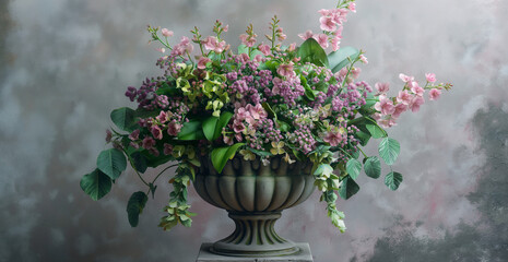 Fototapeta na wymiar flowers and plants are placed in a decorative urn, in the style of light pink and green