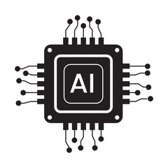 чVector computer electronic chip black shapes AI icon. Silhouette microchip processor artificial intelligence, cpu, iot, big data isolated on white background