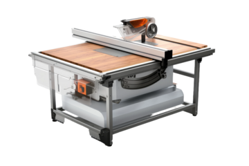 The Mechanical Symphony: Table Sawing Machine In Action. On White or PNG Transparent Background.