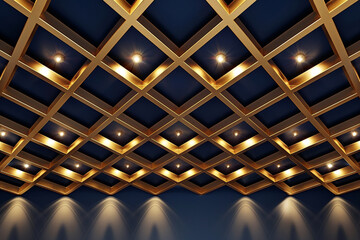 A luxurious ceiling design featuring an intricate lattice of golden beams crisscrossing over a deep navy backdrop, with embedded spotlights highlighting the pattern.