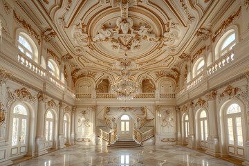 Fototapeta premium A lavish, Venetian plaster ceiling in a creamy hue, with subtle gold leaf accents around an elegant central chandelier, reflecting old-world charm with modern finesse.