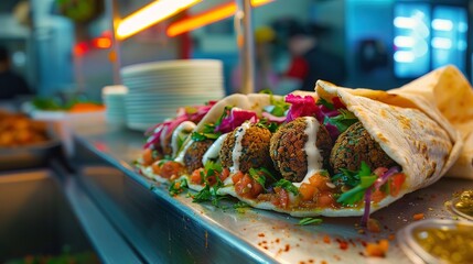 A glowing falafel wrap, with vibrant green herbs and tahini sauce shining under neon lights
