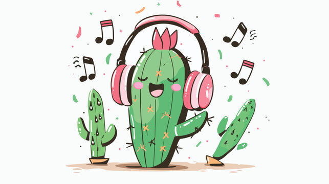 Big cute cactus listens to music with headphones