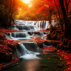 Beautiful waterfall in autumn forest at Erawan waterfall National Park, Kanchanaburi, Thailand