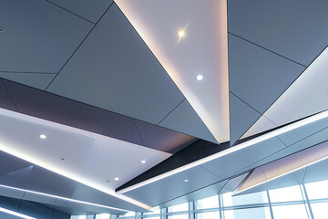 A contemporary ceiling with angular, asymmetrical panels, each featuring a different shade of gray and integrated with slim LED lights for a modern, abstract look. - obrazy, fototapety, plakaty