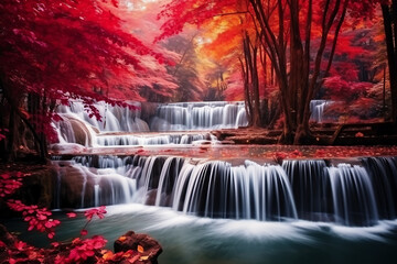 Beautiful waterfall in autumn forest at Erawan waterfall National Park, Kanchanaburi, Thailand