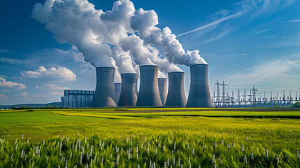 Power plant with huge cooling towers, AI Generative - obrazy, fototapety, plakaty