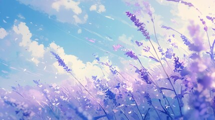 Lavender field, anime background, wallpaper - obrazy, fototapety, plakaty