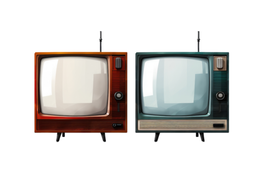 Vintage Television Duo: Nostalgic Gadgets Side by Side. On White or PNG Transparent Background.