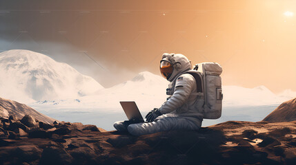 An Astronaut Sits on a Rock Amidst the Vast planet With Majestic Mountains as the Backdrop
  - obrazy, fototapety, plakaty