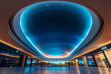 A ceiling featuring a large, oval recess filled with a gradient of blue to mimic the sky, surrounded by LED lights to create the effect of dawn to dusk. - obrazy, fototapety, plakaty