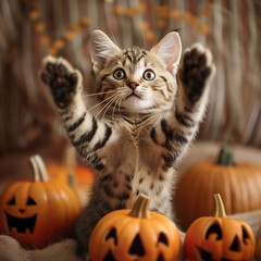The amusing kitten lifted its paws amidst a cluster of tiny jack-o'-lantern pumpkins.