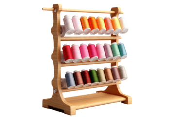 A Tapestry of Colors: Spools of Thread Adorning a Wooden Shelf. On White or PNG Transparent Background.
