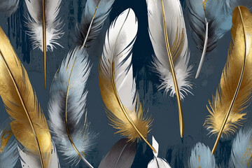 Vintage illustration featuring feathers, blue, and gold brushstrokes on textured background. 
