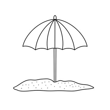 A black and white drawing of an umbrella on a beach
