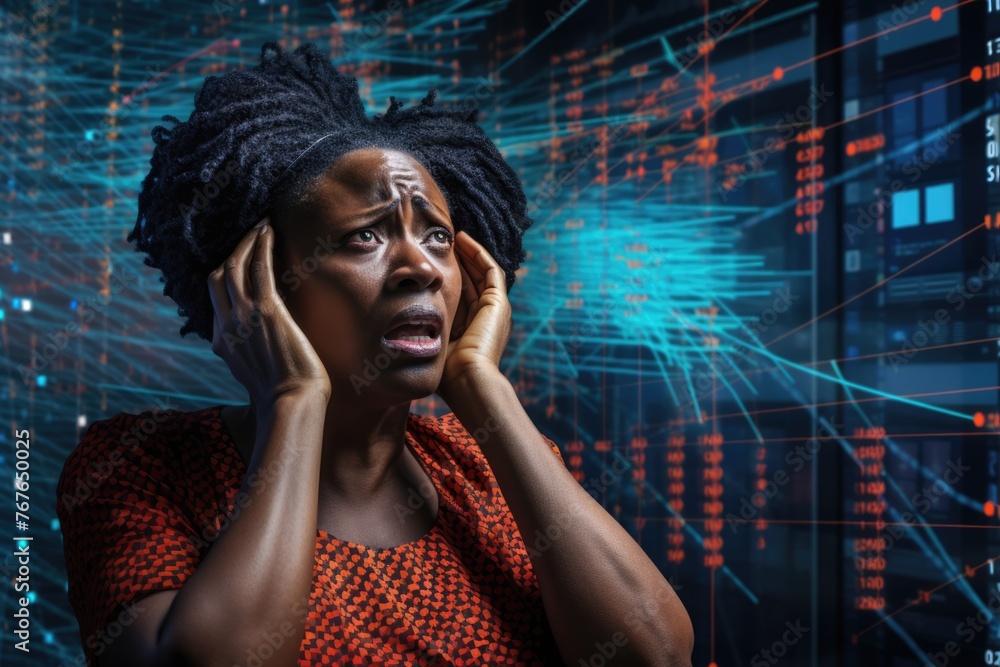 Poster tech analyst study cyber data chart from corporate system for statistical analytic defining marketin